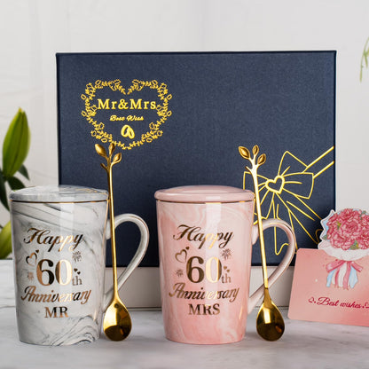 60th Wedding Anniversary GIF-ts, Diamond Wedding Anniversary GIF-ts, 2PCS Happy 60th Anniversar-y Gift Mr Mrs Gifts Diamond Anniversar-y Gifts for Couples Parents, Marble Ceramic Cups 14oz