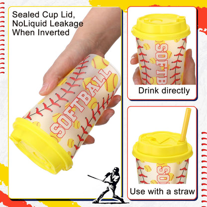 Softball Gifts for Team Includes 25 Pcs Softball Cups with Lids and Straws, Softball Party Favors Supplies 16oz Plastic Party Cups for Softball Party Decorations Birthday Team Gathering