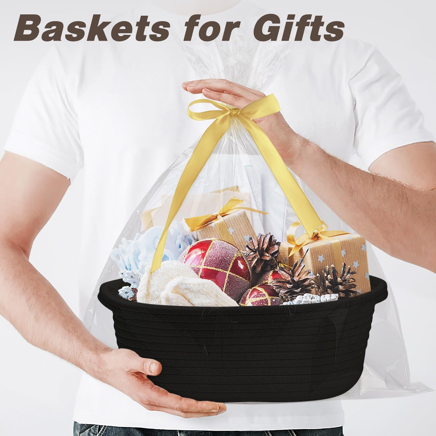 Pro Goleem Small Woven Basket with Gift Bags and Ribbons Durable Baskets for Gifts Empty Small Rope Basket for Storage 12"X 8" X 5" Baby Toy Basket with Handles, Black
