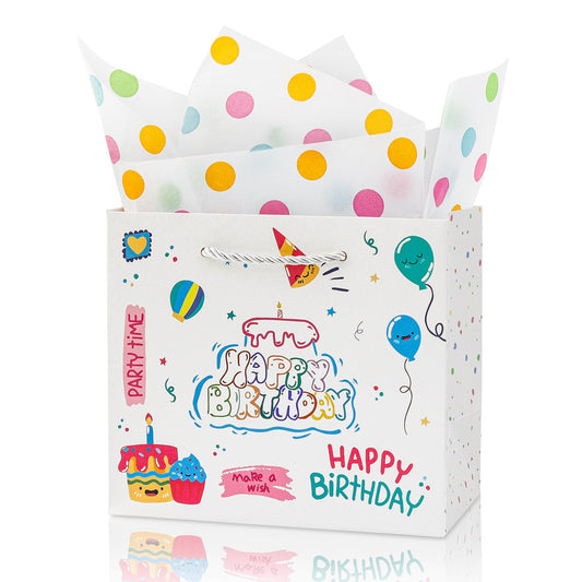 Happy Birthday Gift Bag for Kids with Tissue Paper Extra Small Size 7" x 4" x 6.3" Colorful Party Favor Bag with Handles Cake Balloon Design for Children Present Wrapping, Perfect for Kids’ Birthday Parties
