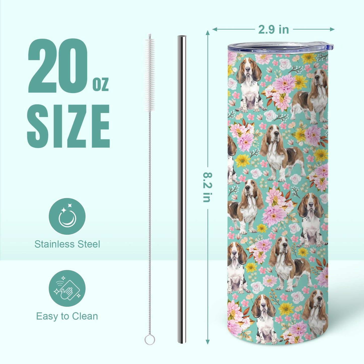 Basset Hound Gifts for Women, 20oz Stainless Steel Insulated Tumbler Travel Mug Cup with Lid Straw Brush, Gifts for Dog Mom Dog Lover