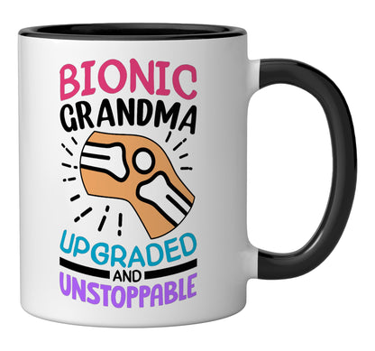 Bionic Grandma After Knee Surgery Gift Knee Replacement Ceramic Mug, Black/White