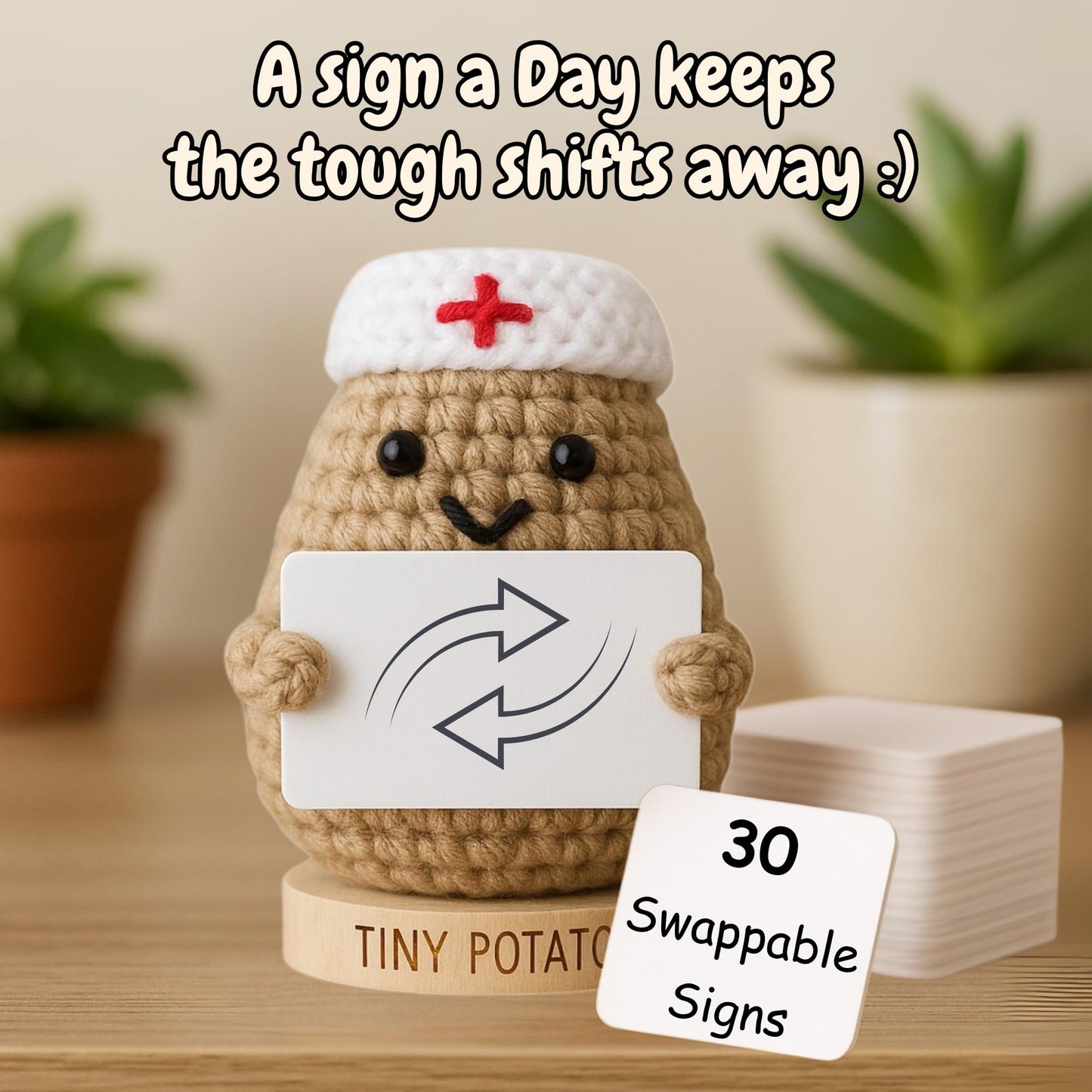 Doctor Gifts - Handmade Crochet Potato Doll with 30 Cute Appreciation Signs for Doctors - Funny Gift Idea for Women DR for Birthday, Mothers Day, Retirement - Bulk Staff Appreciation Thank You Present
