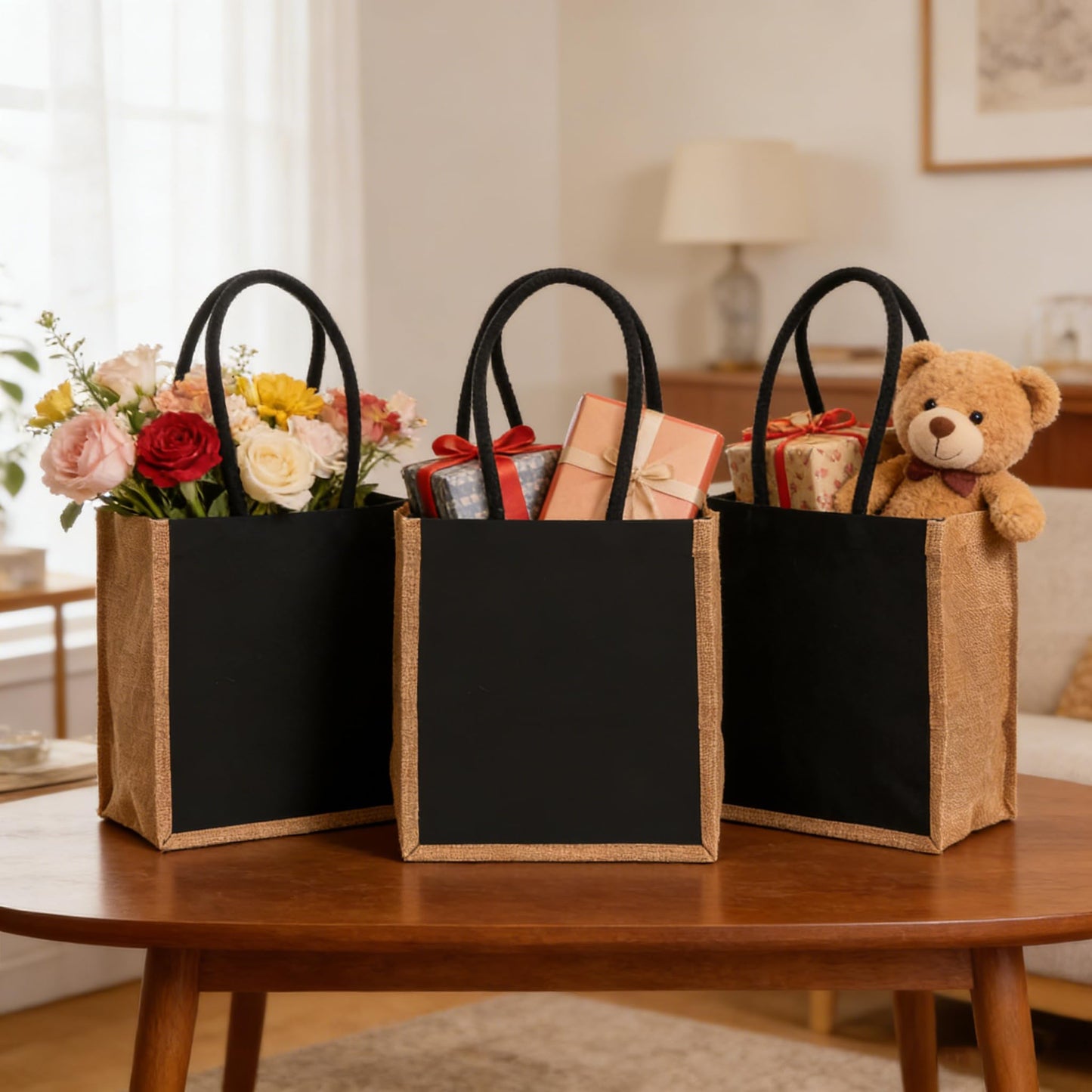 SOUJOY 6 Pack Burlap Tote Bags, Reusable Gift Tote with Handles, Black Jute Beach Bags, Canvas Grocery Shopping Tote for Bridesmaid, DIY, Shopping, Pool, Wedding Bag