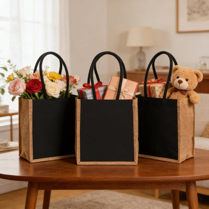 SOUJOY 6 Pack Burlap Tote Bags, Reusable Gift Tote with Handles, Black Jute Beach Bags, Canvas Grocery Shopping Tote for Bridesmaid, DIY, Shopping, Pool, Wedding Bag