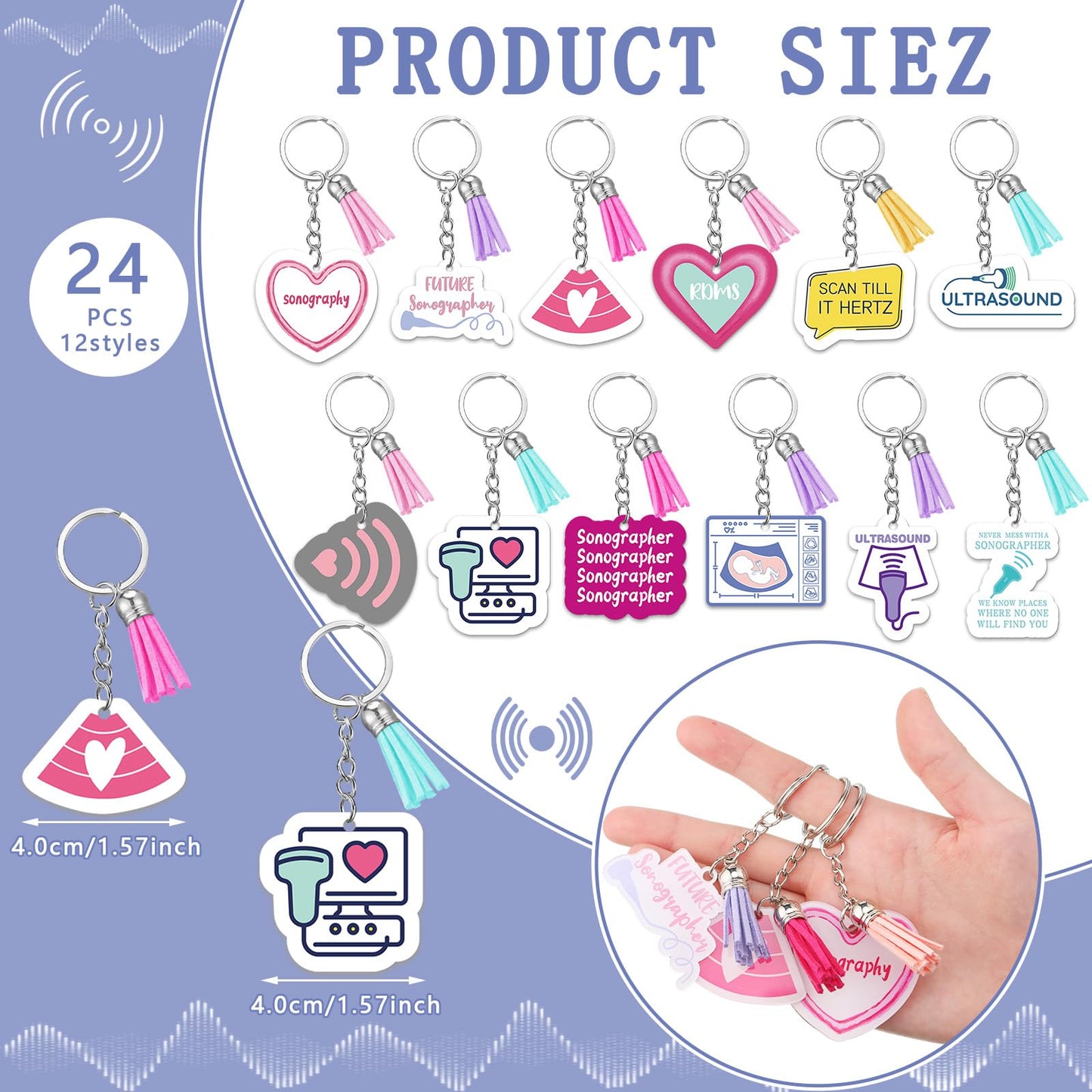 Equsion 24 Pcs Sonographer Keychains Gifts Funny Ultrasound Tech Gifts Ultrasound Tech Keychains Party Favors Sonography Party Supplies with Tassel for Medical Student Graduation Women Men
