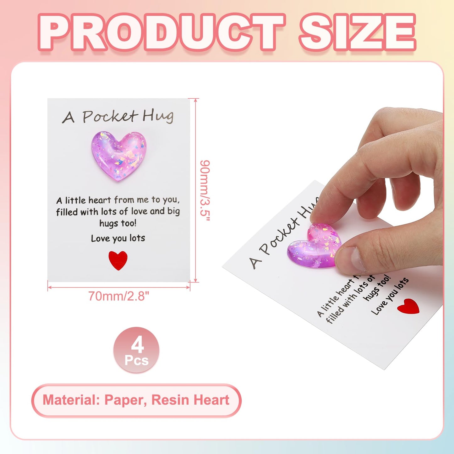 PATIKIL 4 Pack Pocket Hug Heart with Greeting Card, Pocket Hug Token Love Cards Cute A Little Resin Heart Shape Bulk for Friends Long Distance Relationship Gifts, Purple Pink