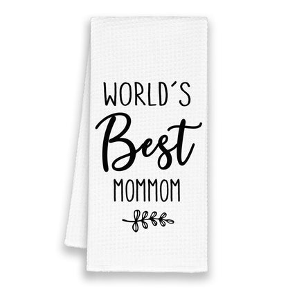 World's Best Mommom Gifts Kitchen Towels, Christmas Bathroom Hand Towels Gifts for Grandma Birthday Mother's Day, Rustic Leaf Black and White Minimalist Tea Dish Towel Decor 16x24in