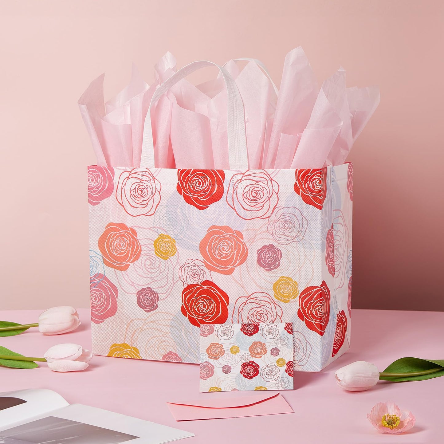 YANGTE 2 Pack 13" Large Mothers Day Gift Bags with Tissue Paper, Reusable Non-Woven Mothers Day Bag with Handle, Elegant Mothers Gift Wrap Bags for Presents, Floral Gift Bags with Cards for Woman, Mom