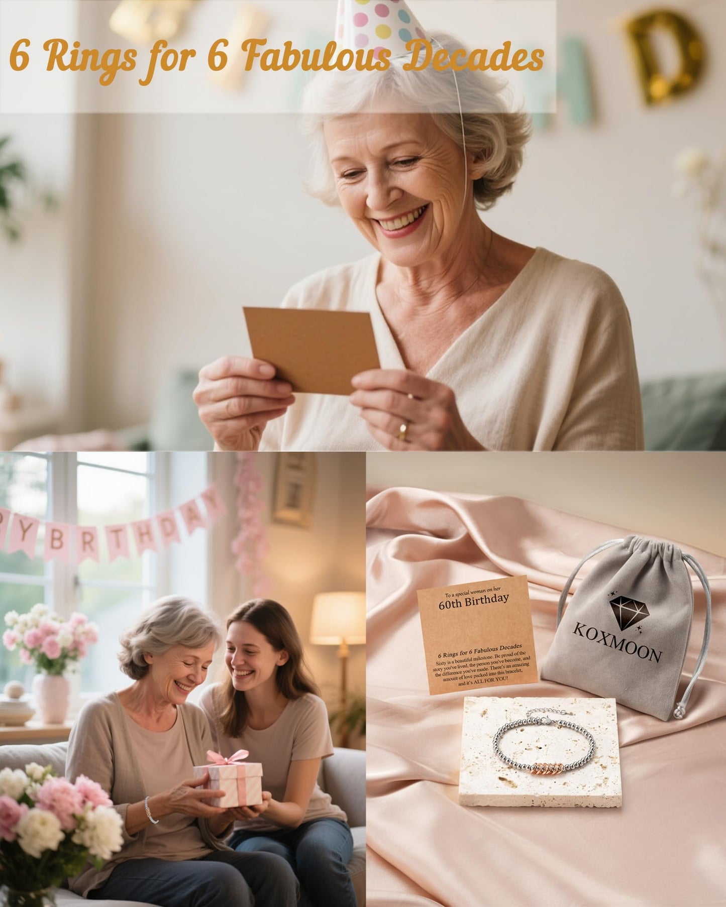 Classy 30th 40th 50th 60th 70th Birthday Gifts for Women Her, Inspirational Rose Gold Charm Bracelet Gifts for 30 50 60 Year Old Women Happy Birthday with Message Card