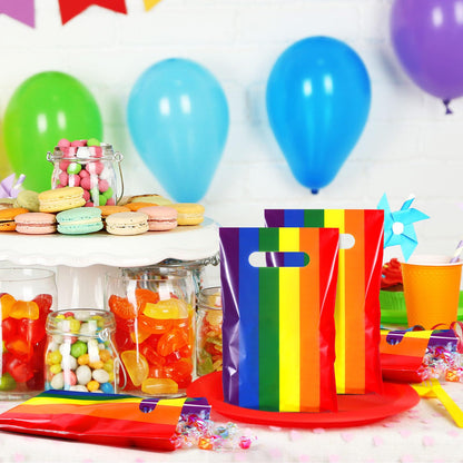 Engrowtic 100 Pcs Gay Pride Day Rainbow Gift Bags with Handle Lgbt Party Favor Reusable Rainbow Striped Plastic Snack Treat Goody Candy Bag for Summer Birthday Wedding Party Supplies 9.84'' x 6.5''