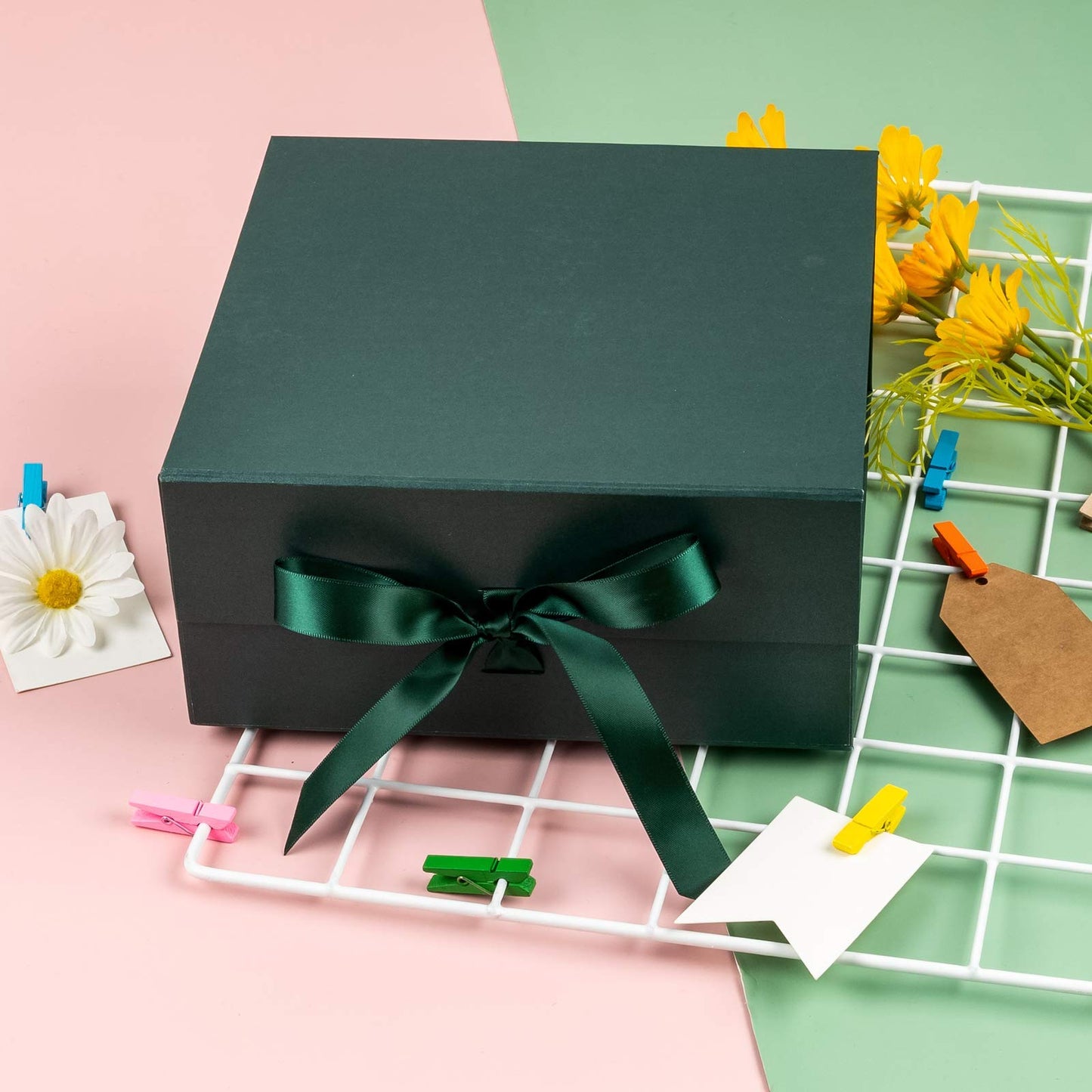 WRAPAHOLIC 2Pcs Green Gift Box with Satin Ribbon, 8x8x4 Inches Collapsible Gift Box with Magnetic Closure for Party, Wedding, Gift Wrap, Bridesmaid Proposal, Storage
