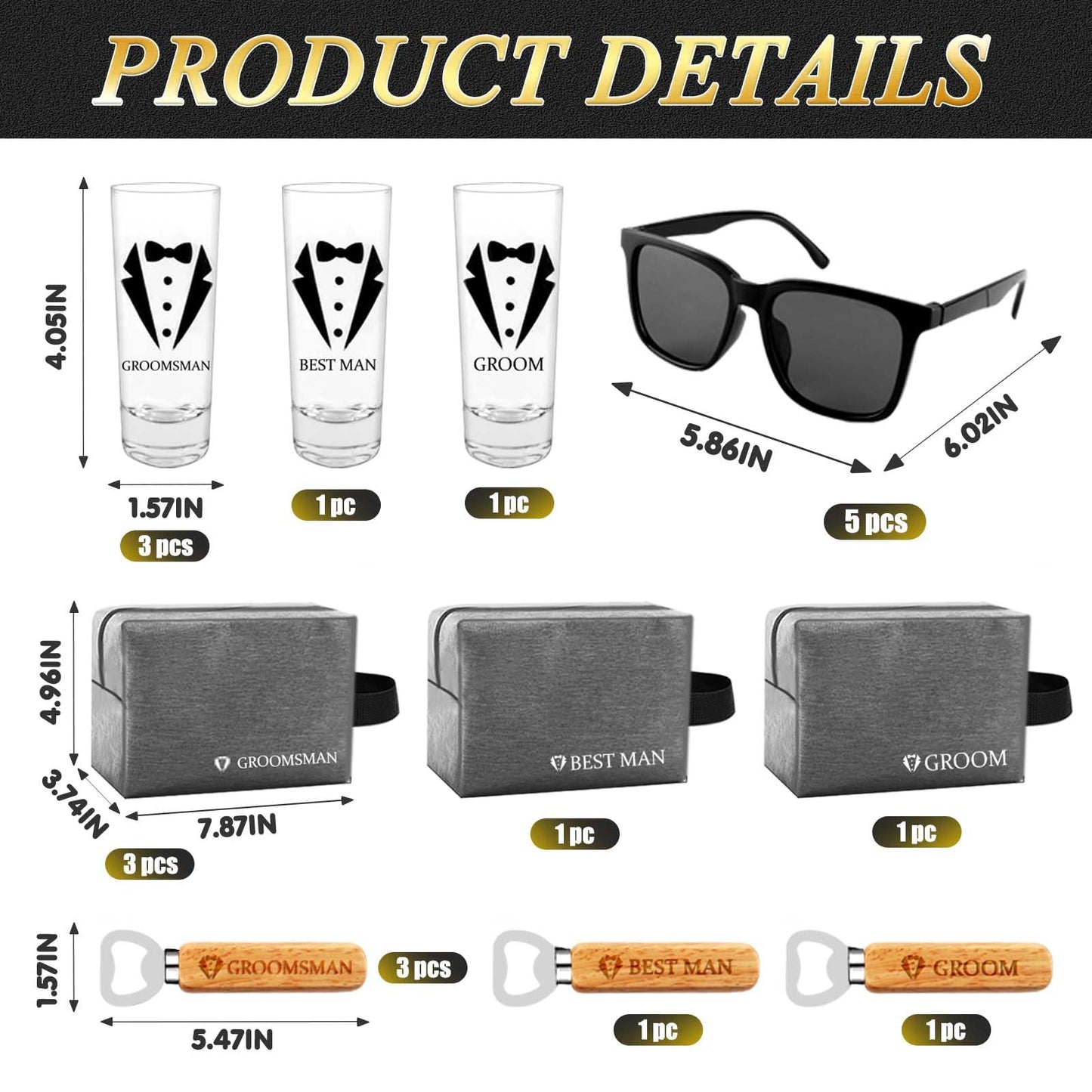 Groomsmens Gifts Set of 5,Groom Best Man Groomsmen Proposal Gifts,2oz Shot Glass,Black Sunglasses,Oxford Bags,Bottle Openers,Black Proposal Boxes,Socks,Wedding Bachelor Party for Groom