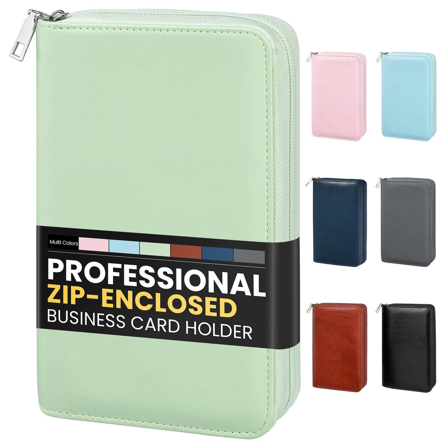Sooez Zip-Enclosed Business Card Holder Organizer, Professional Credit Card Case Book for Women Men, 240 Capacity, Premium Vegan Leather Gift Card Organizer Storage File, Business Card Wallet, Green