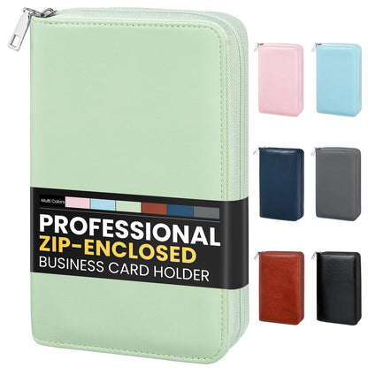 Sooez Zip-Enclosed Business Card Holder Organizer, Professional Credit Card Case Book for Women Men, 240 Capacity, Premium Vegan Leather Gift Card Organizer Storage File, Business Card Wallet, Green