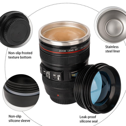 Camera Lens Coffee Mug,Travel Coffee Cup,Stainless Steel Lens Mug Thermos Camera Mugs with Lid and Spoon,Cool Gifts for Photographers Men and Women
