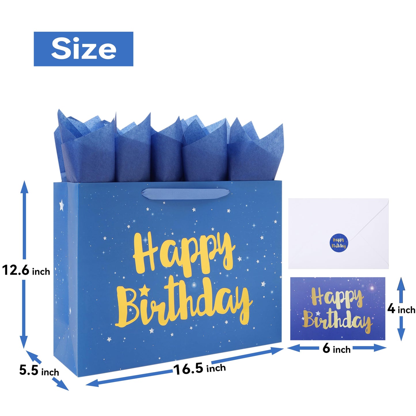 Qirrmiy 16.5” Extra Large Blue Happy Birthday Gift Bag Set with Handles, Greeting Card, Tissue Papers and Stickers for Men Boys Kids, Husband, Father, Stars Design, 1 Pcs