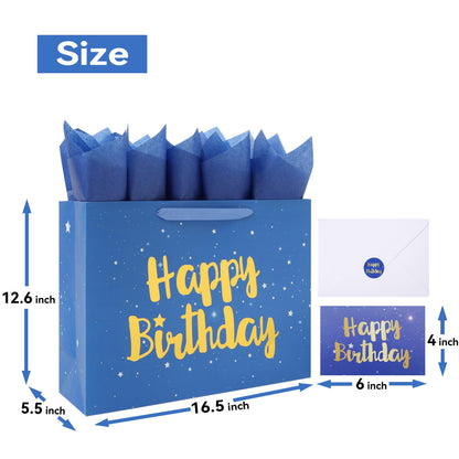 Qirrmiy 16.5” Extra Large Blue Happy Birthday Gift Bag Set with Handles, Greeting Card, Tissue Papers and Stickers for Men Boys Kids, Husband, Father, Stars Design, 1 Pcs