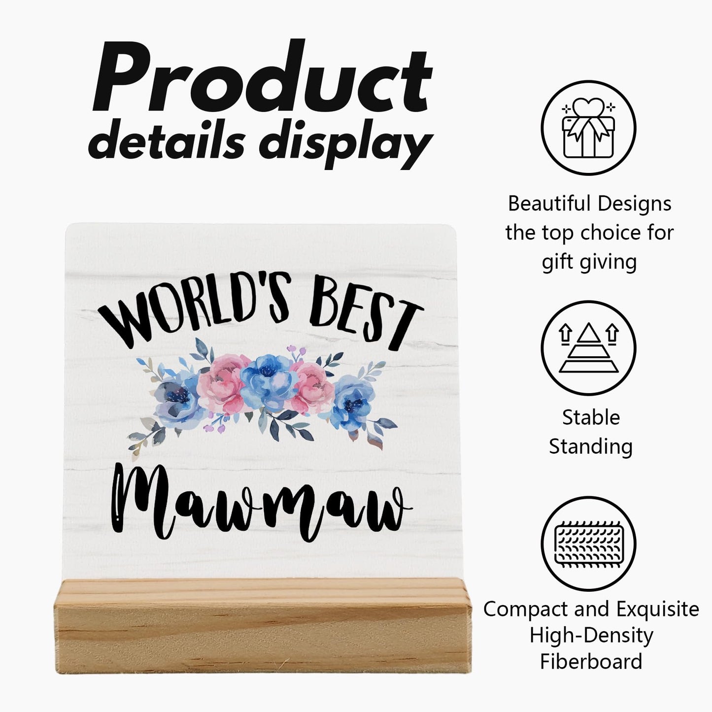 Mawmaw Gifts Desk Decor, Mawmaw Christmas Gifts for Grandma Nana Gigi Gift from Grandkids Grandchildren Wood Plaque, World's Best MawmawWooden Plaque Sign with Wood Stand for Home Office