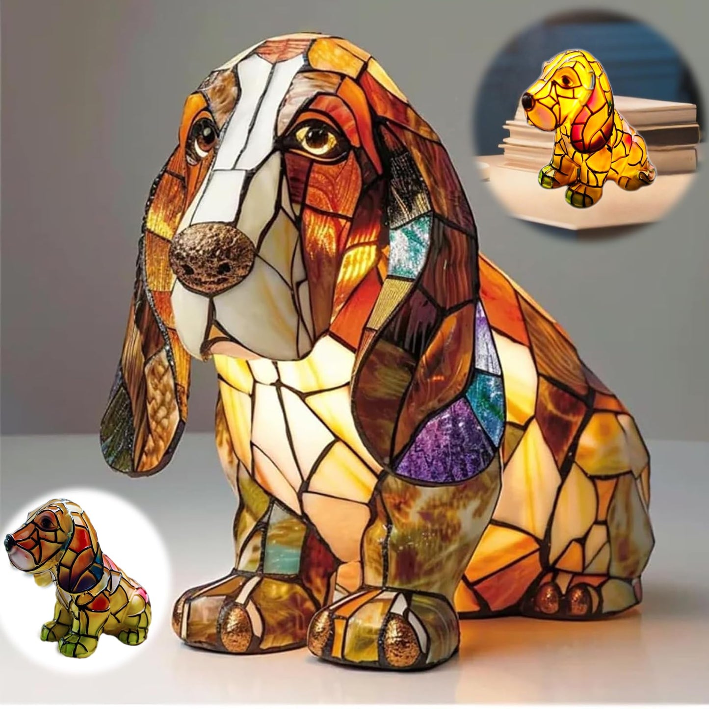 Neioaas Basset Hound Lamps - Retro Dogs Stained Resin Tabletop Night Light, Dog Series Art Night Light, 3D Cute Pet Dogs Themed Lamp LED Table Lamps, Fun Gift for Dog Lovers