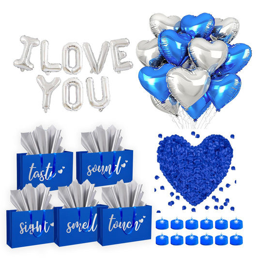 5 Senses Gift Bags Five Senses Gift Bags with Tissue Paper, Rose Petals, Balloons LED Tea Lights Party Decorations for Him Husband Boyfriend (Blue silver)