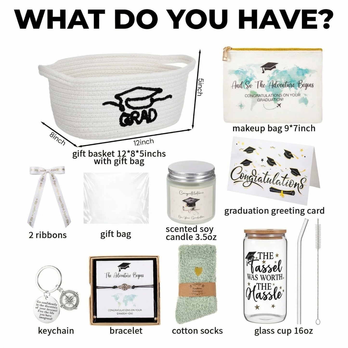 Zopeal Graduation Gift Basket for Her 2026,Graduation Gift Set with Glass Tumbler,Makeup Bag,Candle,Socks,Bracelet,Keychain,Card,College Grad Gifts for Her Women Daughter Granddaughter(White)