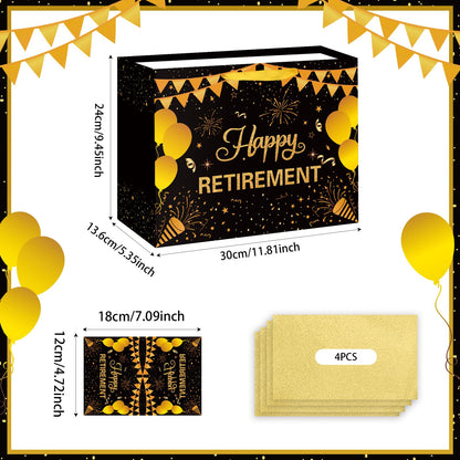 Hooqict Large Retirement Gift Bag Black Gold Happy Retirement Party Gift Bag with Handles, Wrapping Paper, Greeting Card for Men Women Coworker Teacher Farewell Going Away Party Favors