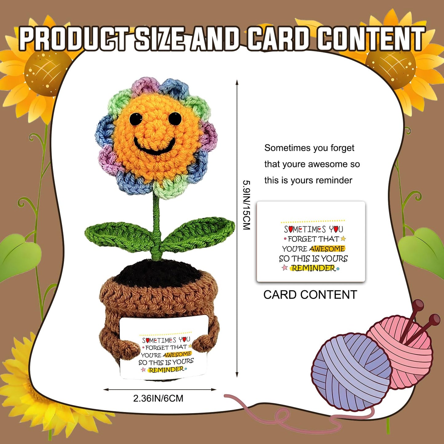 Inspirational Gifts for Men and Women - Hand Made Sunflower Crochet on The Front - Christmas, Birthday and Thank-You Gifts for Colleagues, Sisters, Friends, Teachers and Family (Sunflower-1)