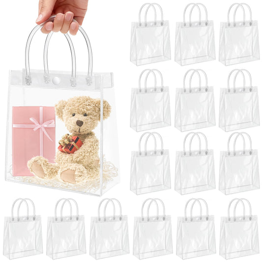 Okxiri 15 PCS Clear PVC Gift Bags with Handles,Small Reusable Plastic Party Favor Bags, Transparent Goodie Bags for Wedding,Baby Shower, Birthday (6.1" x 6.1" x 2.7")