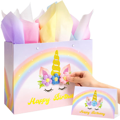 Crisky Unicorn Birthday Bags for Girls with Card & Tissue Paper, Birthday Gift Bags for Kids Baby Daughter Bday Party Decorations Gift Ideas