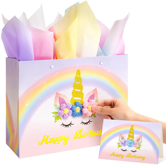 Crisky Unicorn Birthday Bags for Girls with Card & Tissue Paper, Birthday Gift Bags for Kids Baby Daughter Bday Party Decorations Gift Ideas