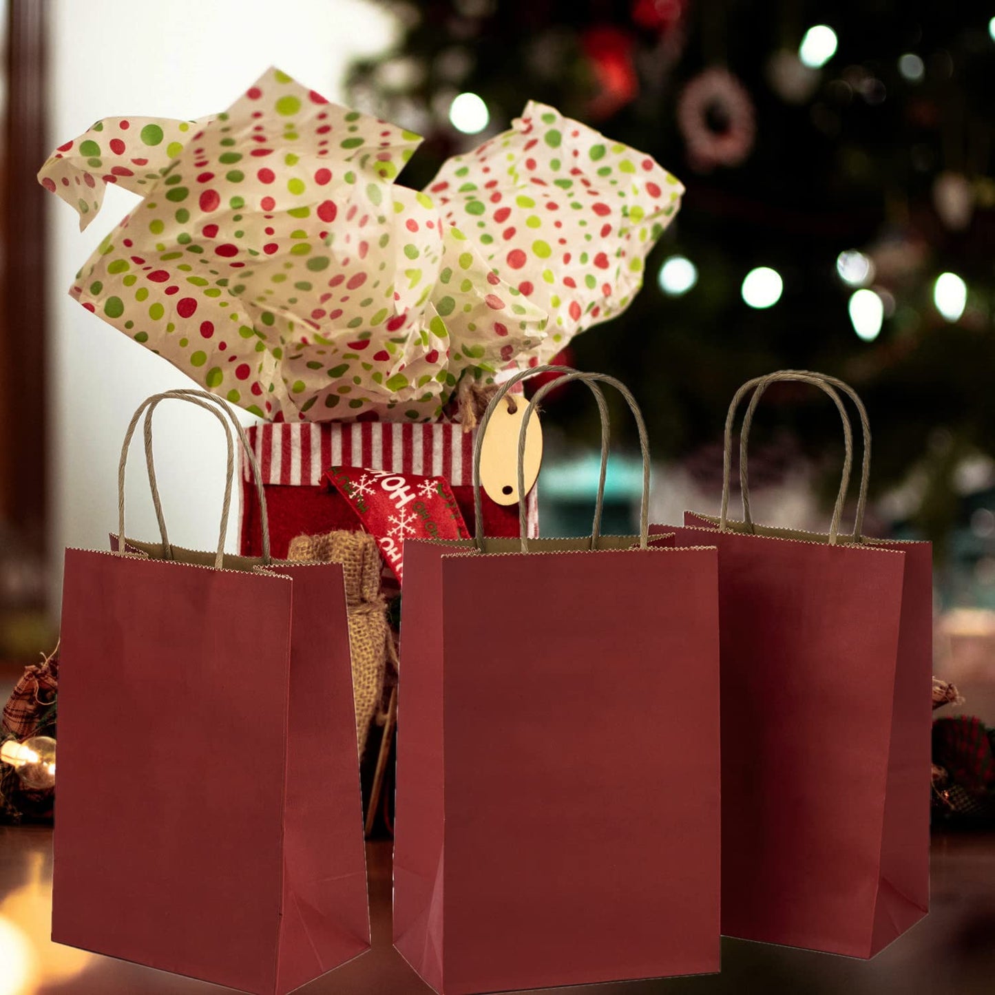 50Pcs Small Paper Gift Bags Bulk, 5.25" x 3.75" x 8" Kraft Paper Bag for Party Favors,Valentine's Day, Birthday, Wedding, Goodie, Retail, Jewelry - Red
