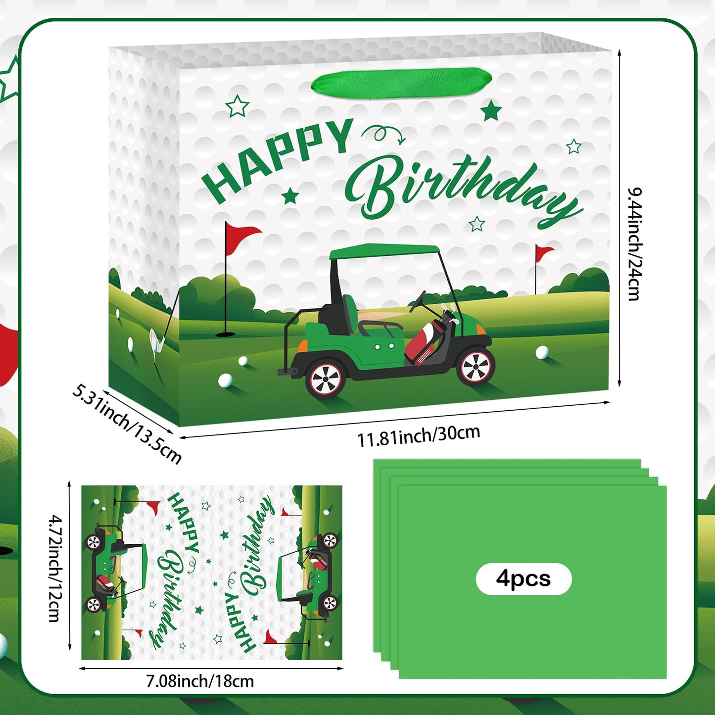 Hooqict Large Golf Gift Bag Golf Themed Birthday Party Gift Wrapping Bag with Handles, Tissue Paper, Greeting Cards for Kids Boys Men Goodie Candy Treat Party Favors