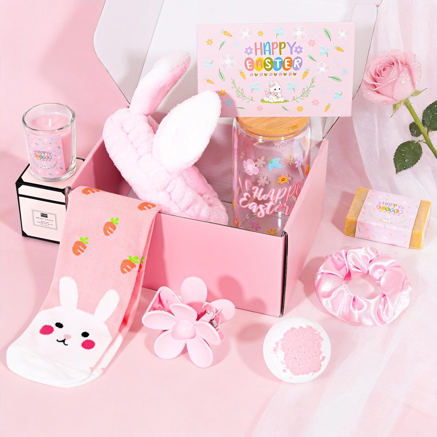 Honxicur Easter Gifts Set for Women Sister Teens Adults Stuff, Easter Basket Stuffers with 16oz Glass Cup, Scented Candles, Headband & Socks, Self Care Gifts for Women