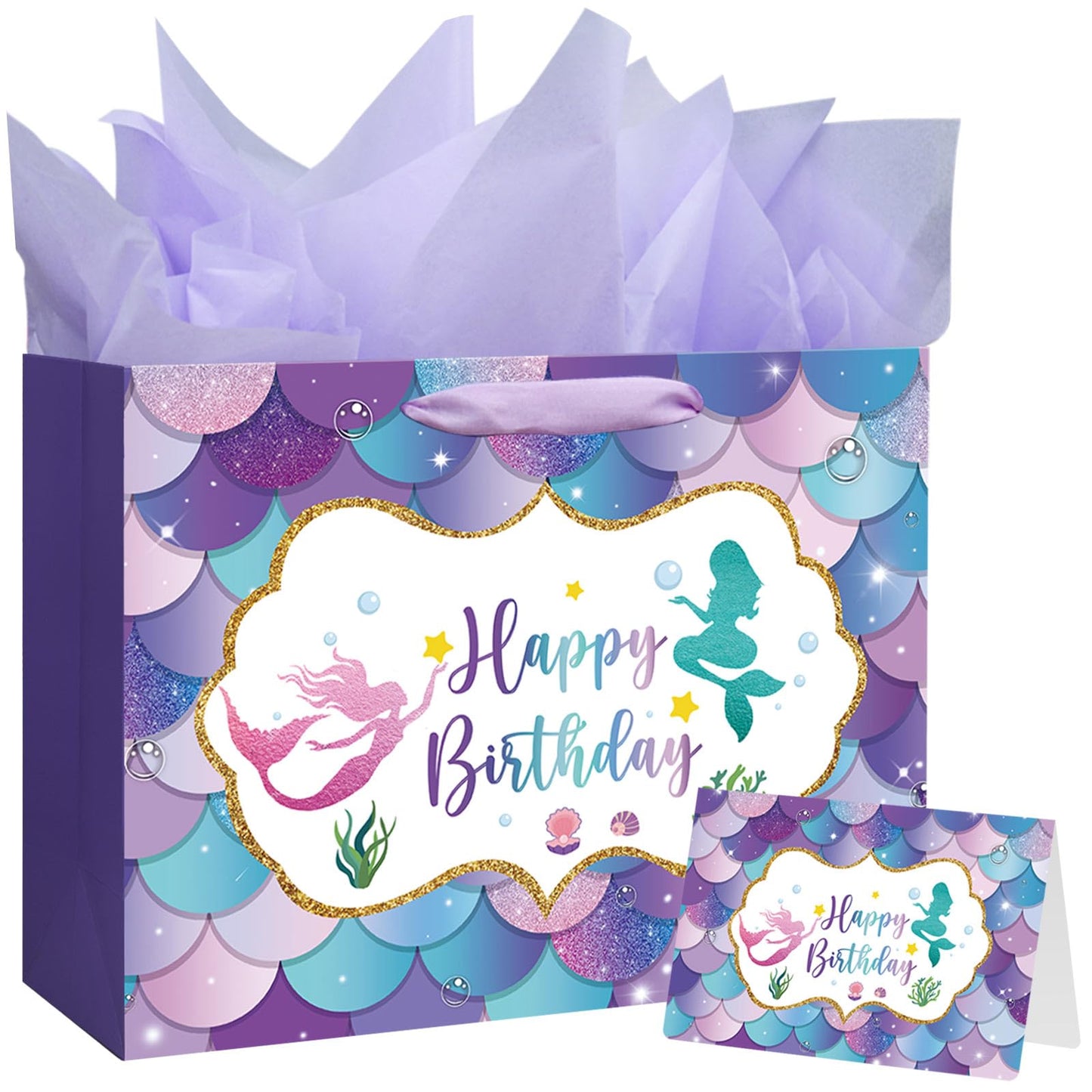16.5" Large Mermaid Happy Birthday Gift Bag with Handle, Tissue Paper and Card for Kids Girls (16.5in Purple)