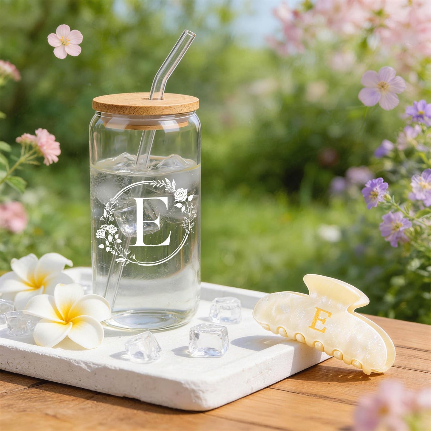 J Personalized Gifts for Women - Initial Cute Hair Clips + Glass Cups w/Lids Straws, Makeup Bag Monogrammed Gifts for Women，Unique Ideas Birthday Gift for Her, Christmas & Bridesmaid Gifts