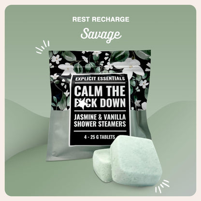 Explicit Essentials Calm The F Down Shower Steamers | Jasmine Vanilla Aromatherapy Shower Steamers for Relaxation & Stress Relief | Spa Shower Gift for Self-Care, Birthdays & Holidays