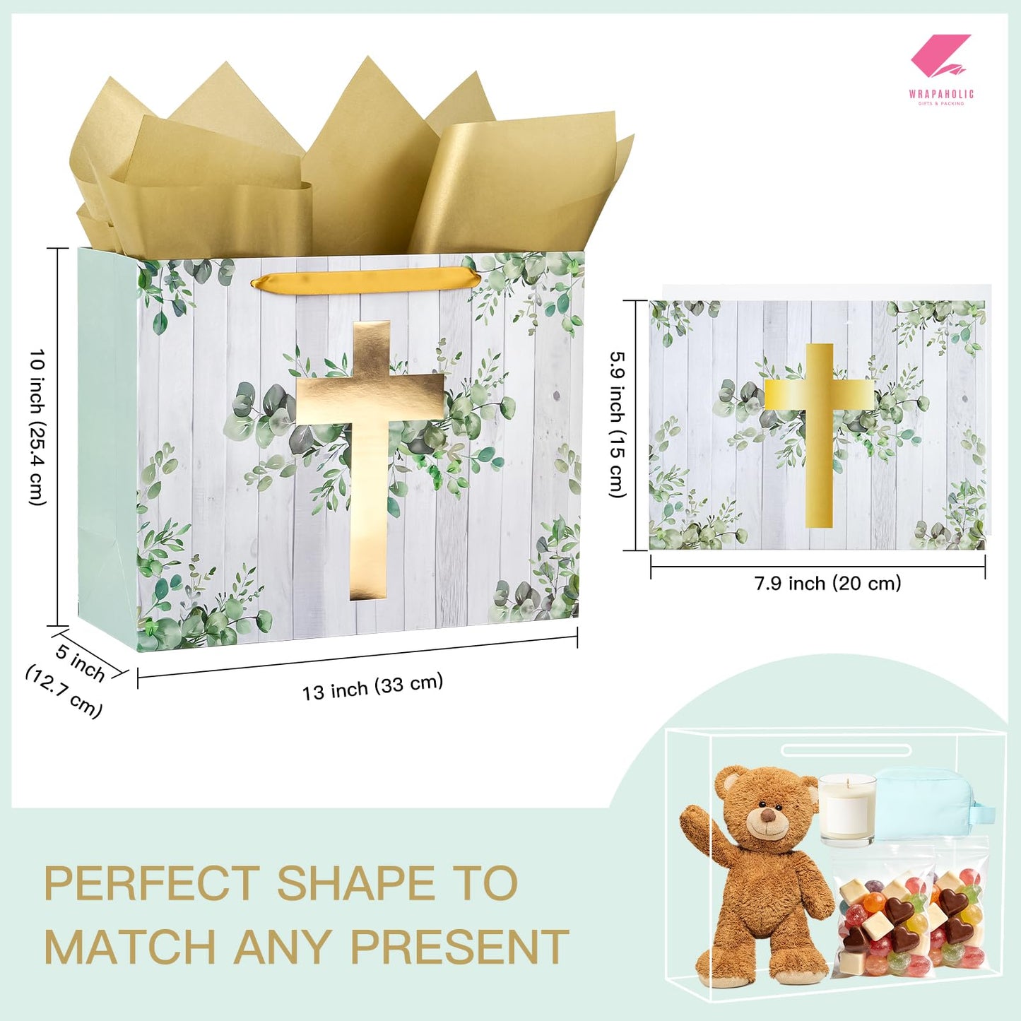 WRAPAHOLIC 13" Large Religious Gift Bag with Card and Tissue Paper - Gold Foil Eucalyptus Cross Design for First Communion, Easter, Baby Baptisms, Christenings