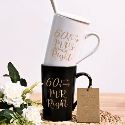 YHRJWN 60th Wedding Gifts, 60 Years of Being Mr & Mrs Always Right Mug Set 14Oz with Lids Spoons and Gift Box, Christmas Anniversary Presents for Parents Couple