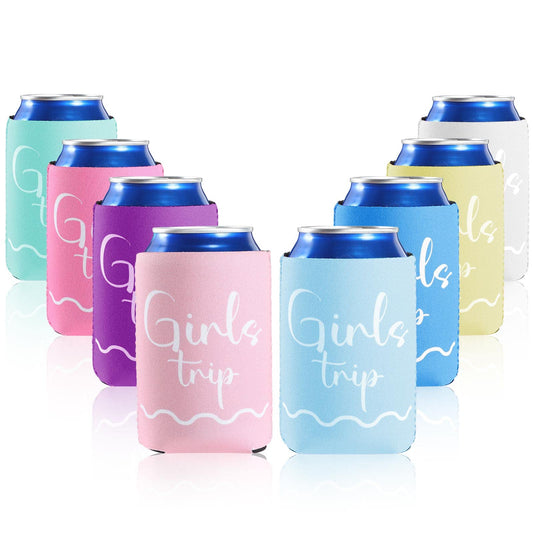 Janmercy 8 Pcs Girls Trip 2026 Gifts Favors, Girls Weekend Trip Gifts Cup Sleeves for Bachelorette Party Favors, Insulated Can Sleeve for Vacation Camping Women Fun Cruise Sister Auntie Friends