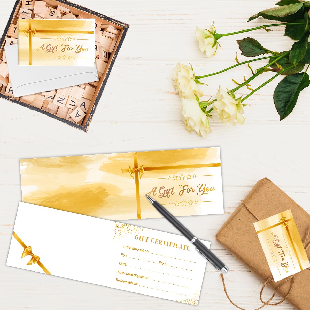 50 Sets Gift Certificates for Business, Blank Gift Cards Certificates with Envelopes for Salon Restaurants Spa Marriage Birthday Client Vouchers 11.8 x 3.9 Inch - Yellow