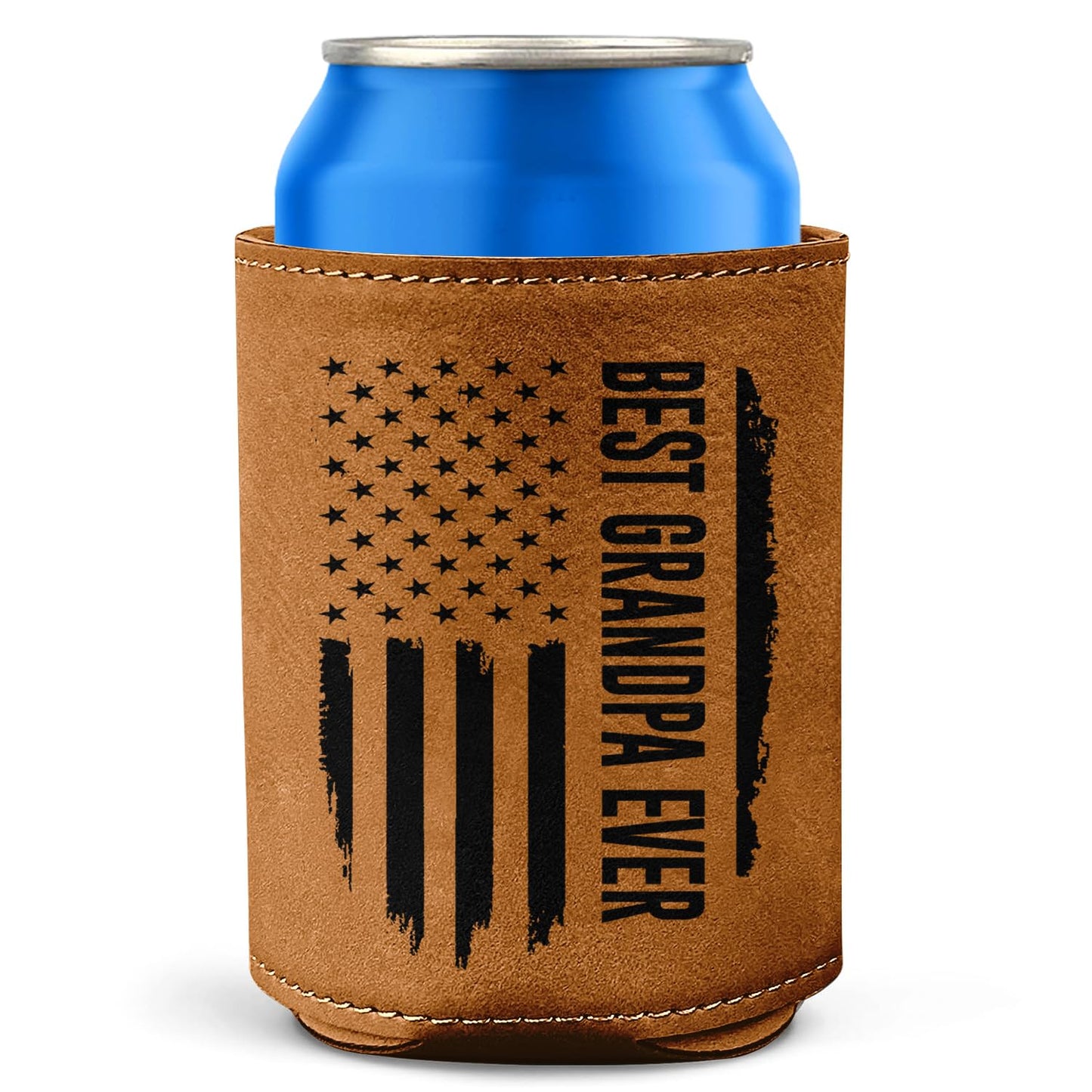 Best Grandpa Ever Gifts - Christmas, Birthday Gift For Grandpa From Granddaughter, Grandson, Kids - 12Oz Fit Collapsible Leather Beer Can Cooler Holder