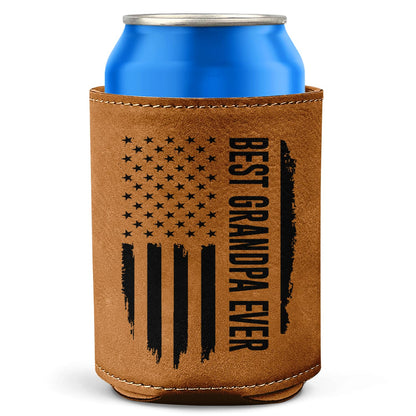 Best Grandpa Ever Gifts - Christmas, Birthday Gift For Grandpa From Granddaughter, Grandson, Kids - 12Oz Fit Collapsible Leather Beer Can Cooler Holder
