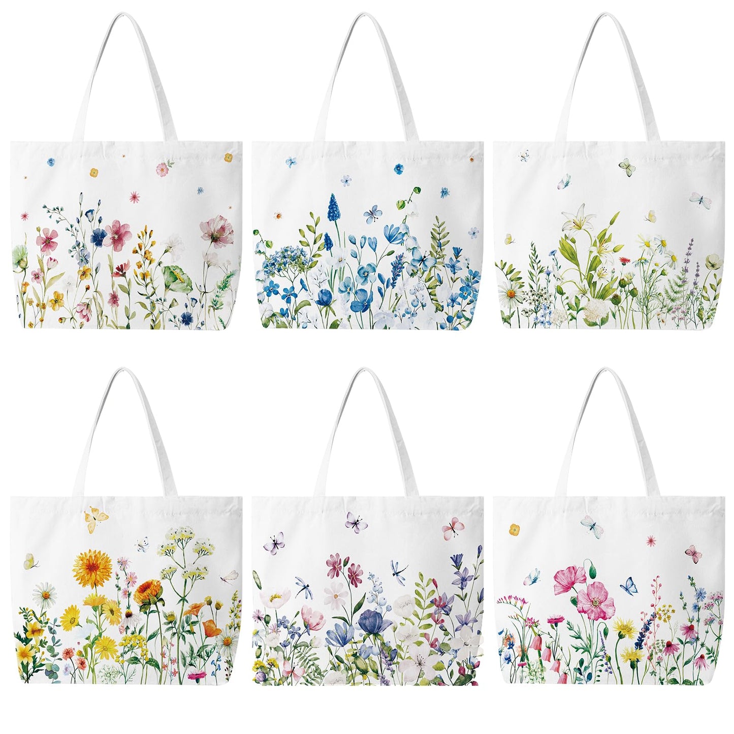 Bencailor 6 Pcs Floral Canvas Tote Bags Bulk Summer Flower Tote Gift Bags Reusable Aesthetic Wildflowers Shopping Grocery Handbags for Women Gifts