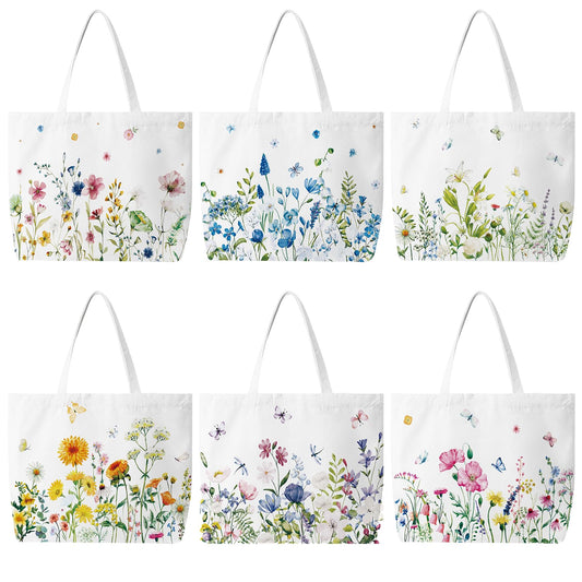 Bencailor 6 Pcs Floral Canvas Tote Bags Bulk Summer Flower Tote Gift Bags Reusable Aesthetic Wildflowers Shopping Grocery Handbags for Women Gifts