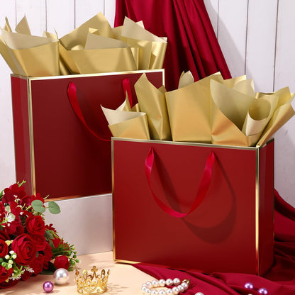 ReliThick 12 Pack Metallic Paper Gift Bag with Handles and Tissue Paper 11.8 x 10 x 4'' Thank You Favor Bag for Graduation Mother's Day Wedding Bridesmaid Groomsman 5 Senses Gifts (Burgundy Red,Gold)