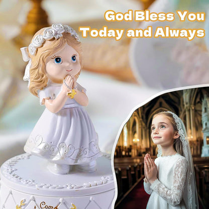 First Communion Gifts for Girls- First Holy Girl Figurine with Keepsake Box & Flower Girl Headpiece & Cross Necklace & Cross Bracelet Included, 1st Communion Gifts for Girls
