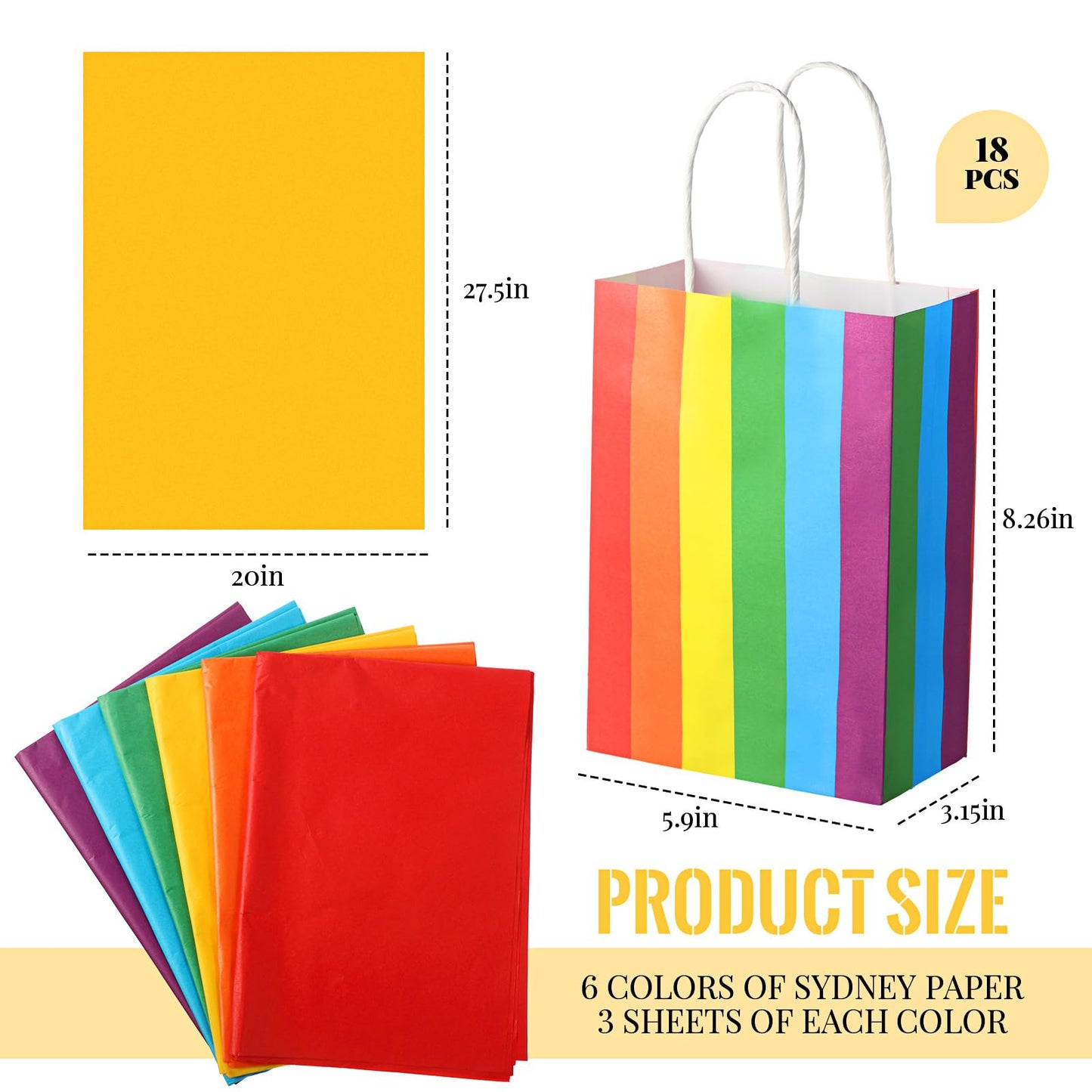 TaoBary 36 Pcs Rainbow Party Treat Bags Rainbow Gift Bags Colorful Stripes Kraft Paper with Handles and Colorful Tissue Paper for Gay Parade Festival Party Supplies