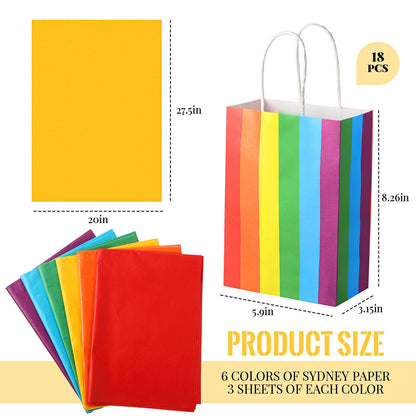 TaoBary 36 Pcs Rainbow Party Treat Bags Rainbow Gift Bags Colorful Stripes Kraft Paper with Handles and Colorful Tissue Paper for Gay Parade Festival Party Supplies