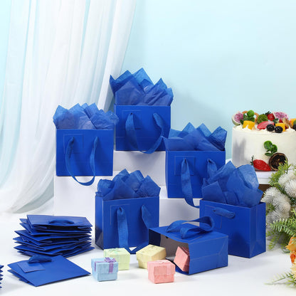 Zhanmai 100 Pcs 4.7 x 2.4 x 3.9 Inch Mini Gift Bags Bulk with Tissue Paper Small Kraft Paper Bag with Handle Gift Tag for Birthday Party, Wedding, Graduation, Mother's Day, Father's Day(Dark Blue)